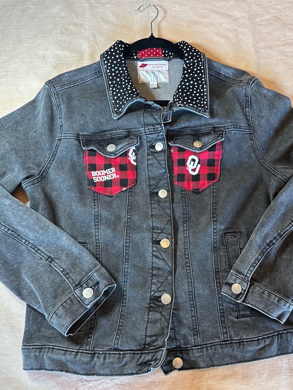 Upcycled Black Denim Jacket - University of Oklahoma